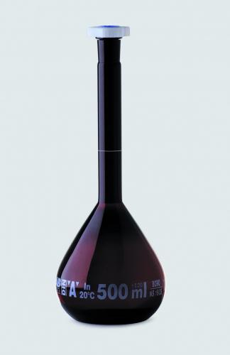 Volumetric flasks, borosilicate glass, amber, class A, white graduated, with PP stoppers