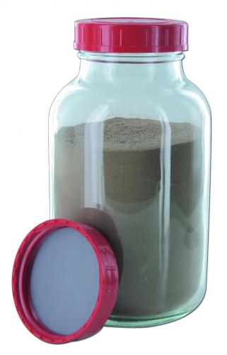 širokohrdlé lahve, čiré a hnědé sklo, PTFE-lined šroubovací víčka